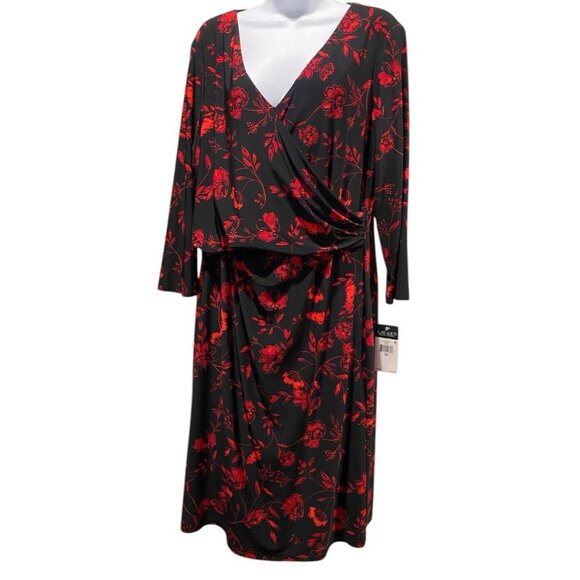 Lauren Ralph Lauren Dress 16 Surplice Jersey Faux Wrap Black Red Midi - Picture 6 of 15